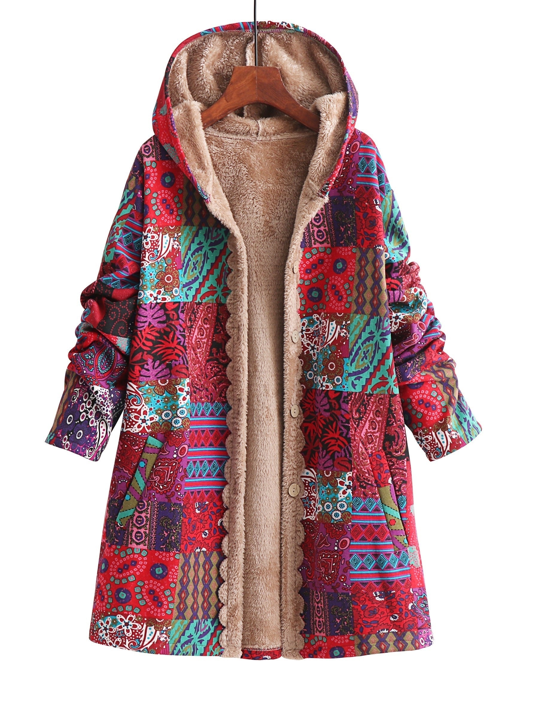 Lena & Rose | Maribel - Patchwork Coat Boho Hooded Winter Jacket