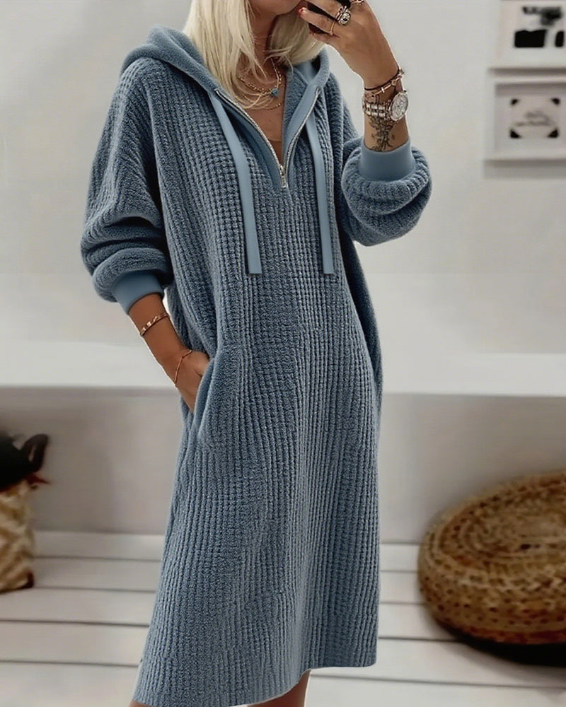Lena&Rose | Casual Hooded Honeycomb Knit Fleece Dress